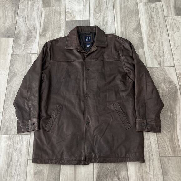 Vintage GAP Jacket Genuine Leather Coat Sz L Brown Lined Heavyweight Button Up - Picture 1 of 11